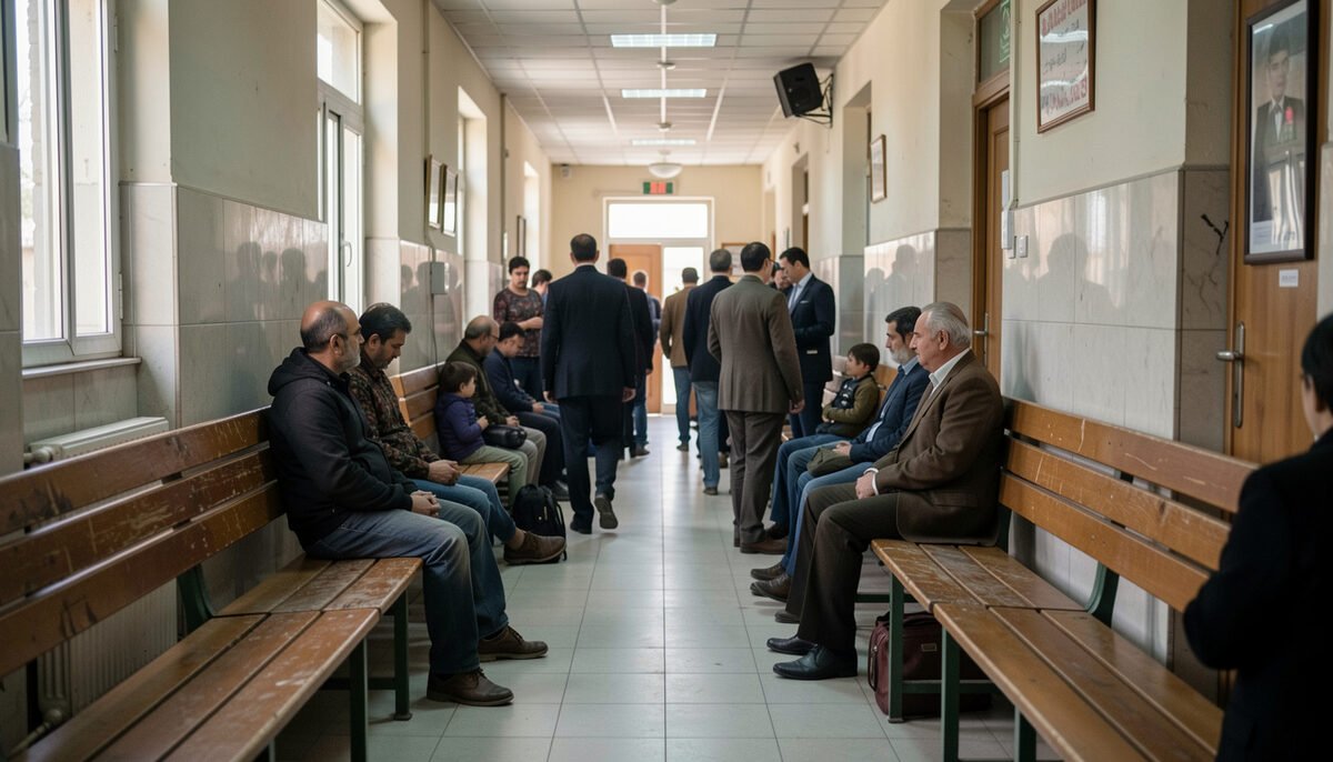 Crowded family court corridor with long wooden benches where two parents sit apart in silence