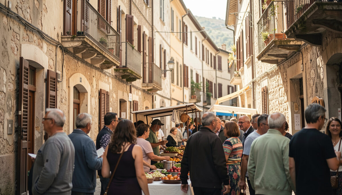 Sunlit old town alley with shuttered balconies and residents gathered around a market stall