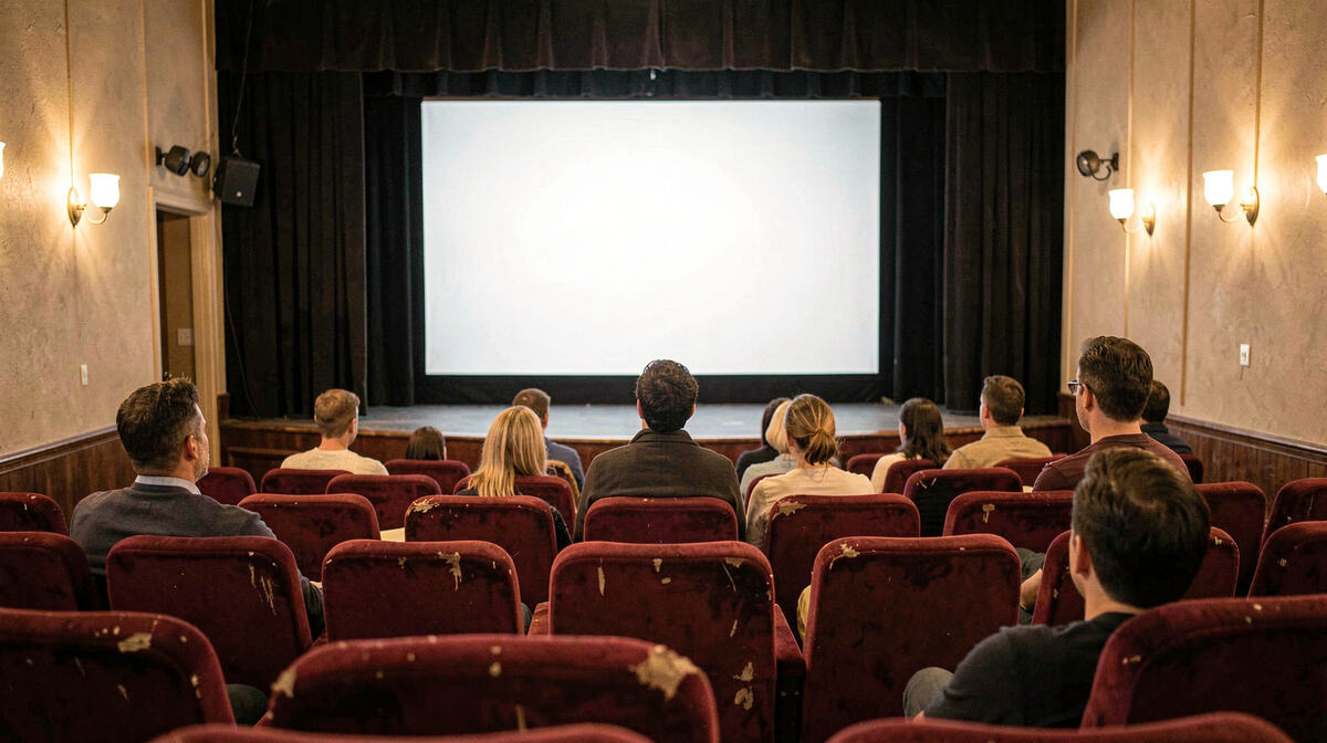 Small revival cinema seen from the back row, worn red seats, a blank white screen between dark curtains and a few people finding their places