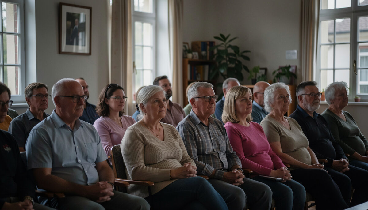 Adults seated in a dim community hall, faces lit by the glow of a screen that stays out of frame