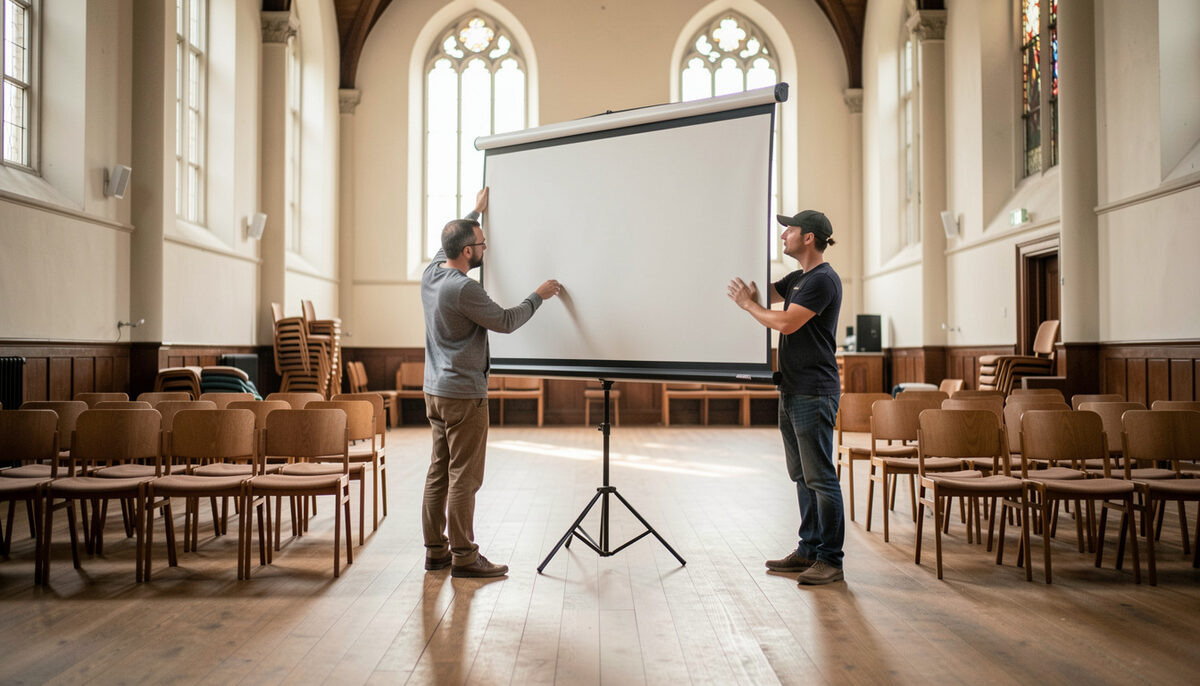Two volunteers unfolding a portable projection screen on its stand in an empty church hall with tall windows