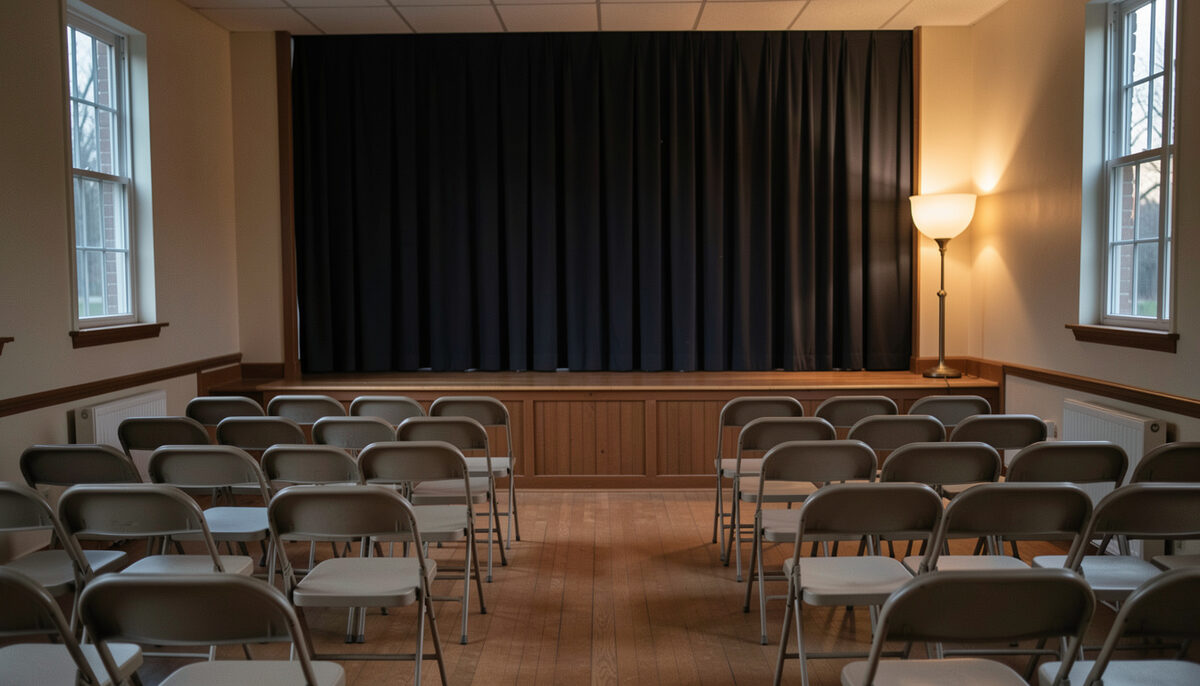Rows of empty folding chairs facing a dark curtain on a small hall stage, one floor lamp lit at dusk