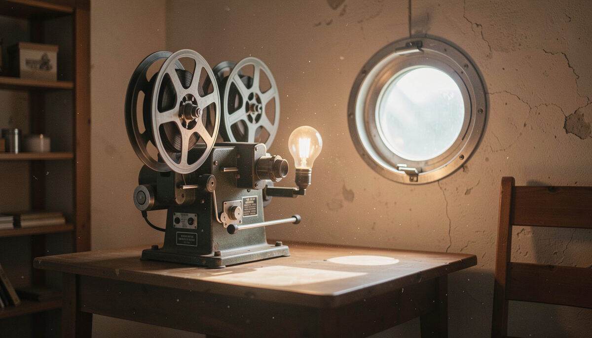 A vintage film projector with two large reels on a booth table, lens turned toward a round porthole window