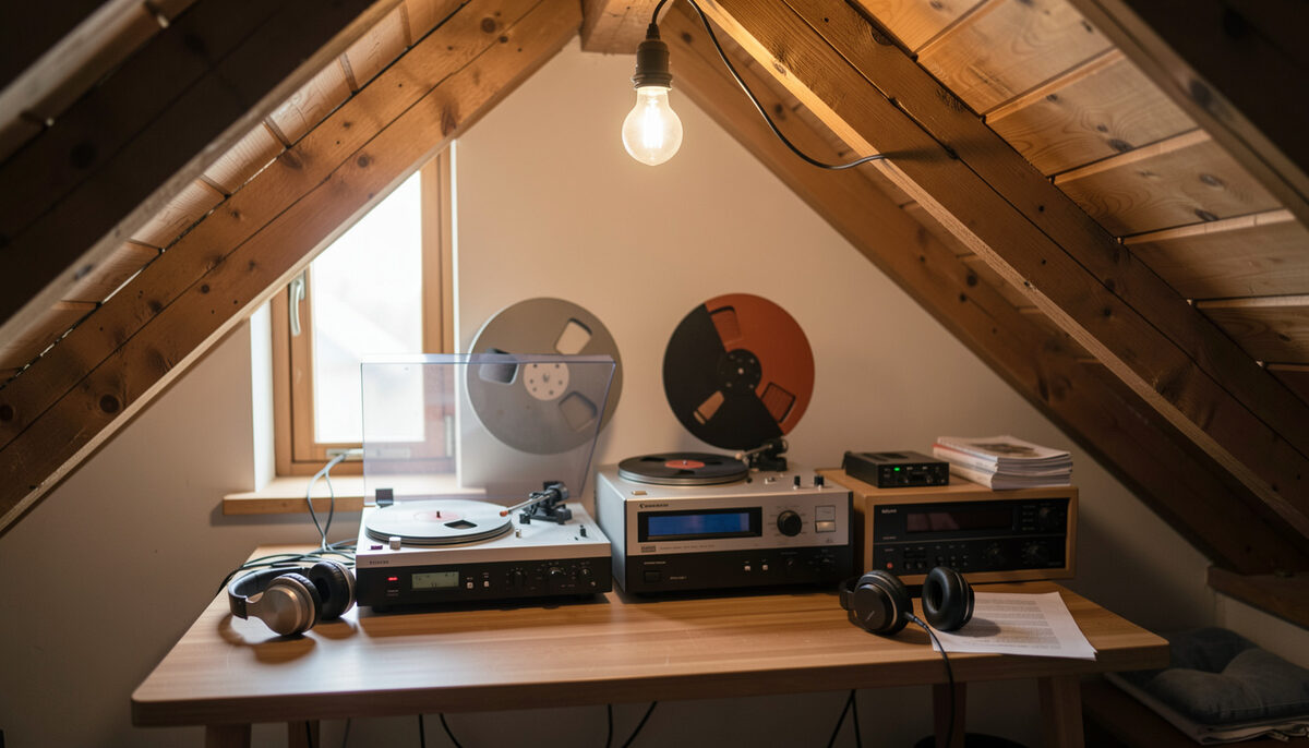 Small attic listening post with reel to reel recorders and headphones on a desk under a bare bulb