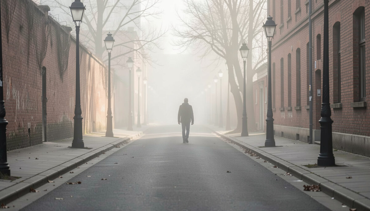 Empty early morning city street with lampposts and bare walls, a lone figure walking away into the fog