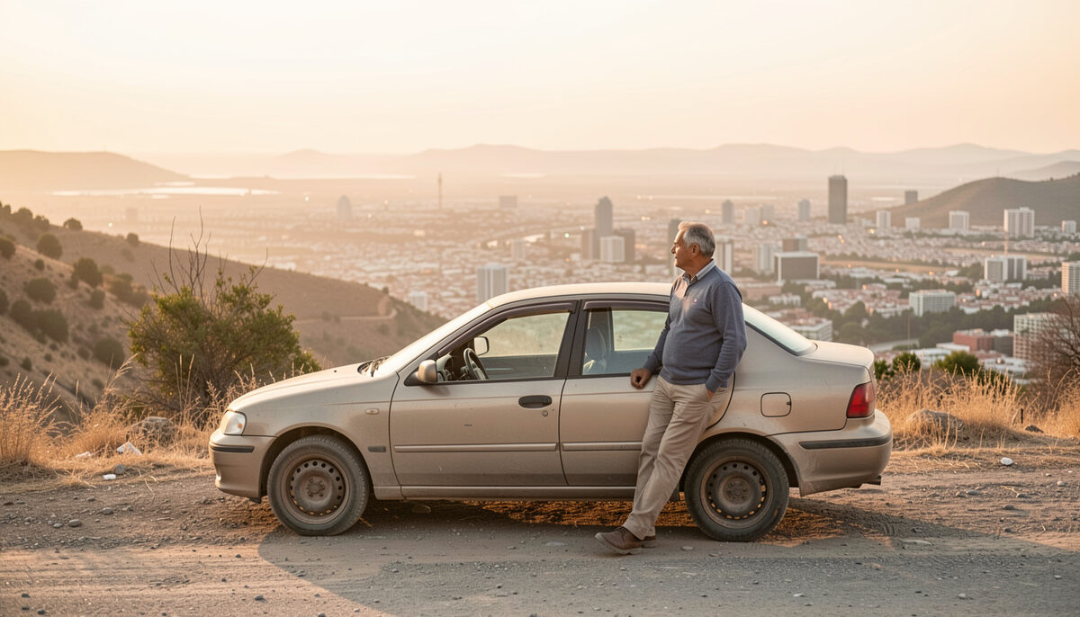 Dusty beige car parked on a dry hillside road above a sprawling city, a man leaning on the door looking out