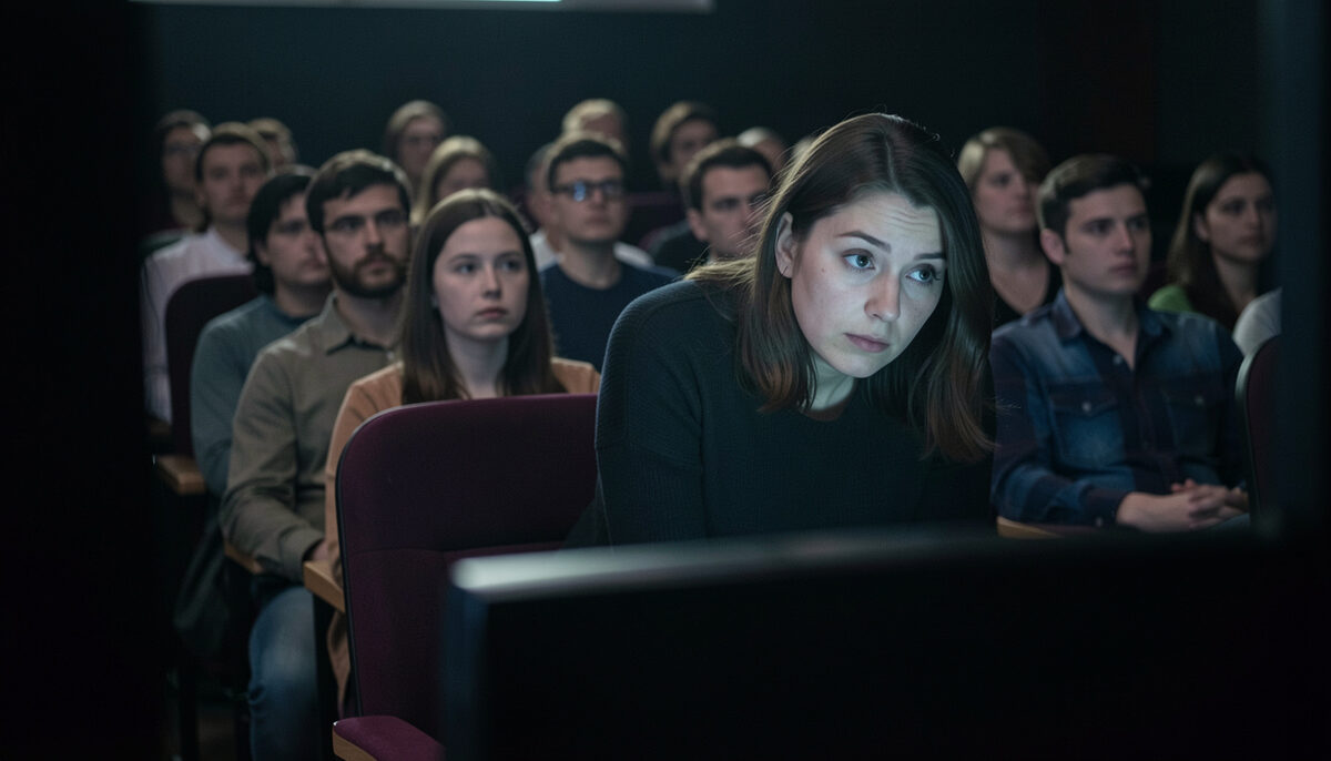 Diverse audience in a darkened small theater, faces softly lit by the screen, one woman leaning forward